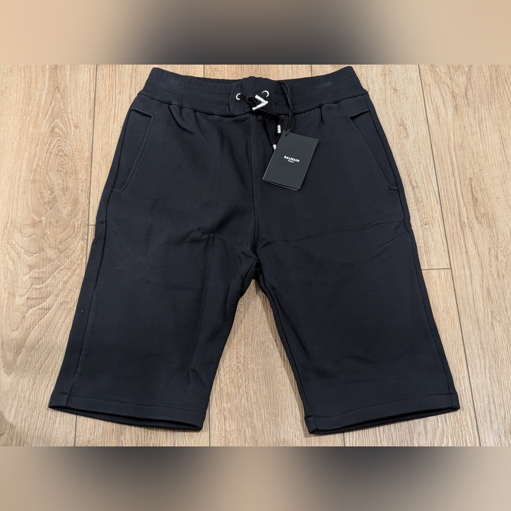 $750 Mens Balmain Cotton Flocked Logo Sweat Shorts Black Small